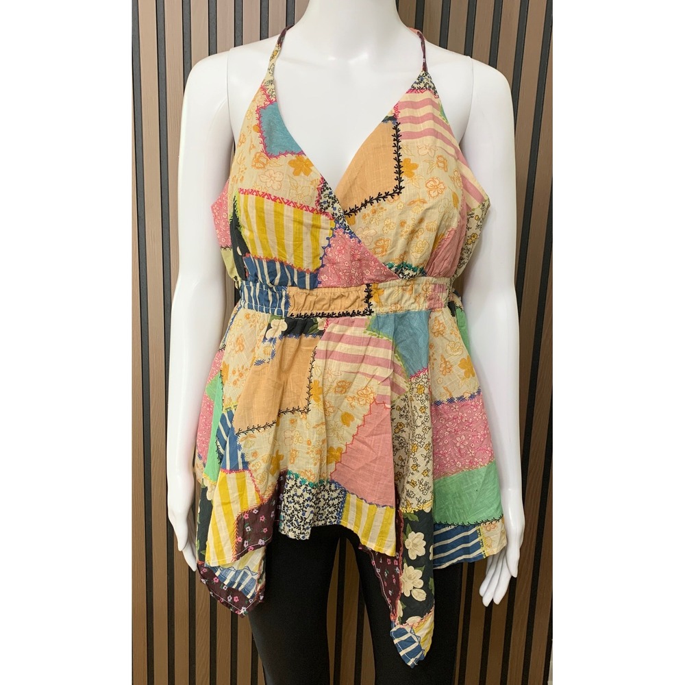 Pilcro Women's Patchwork Halter Top Multi Color Floral Boho Handkerchief Hem L